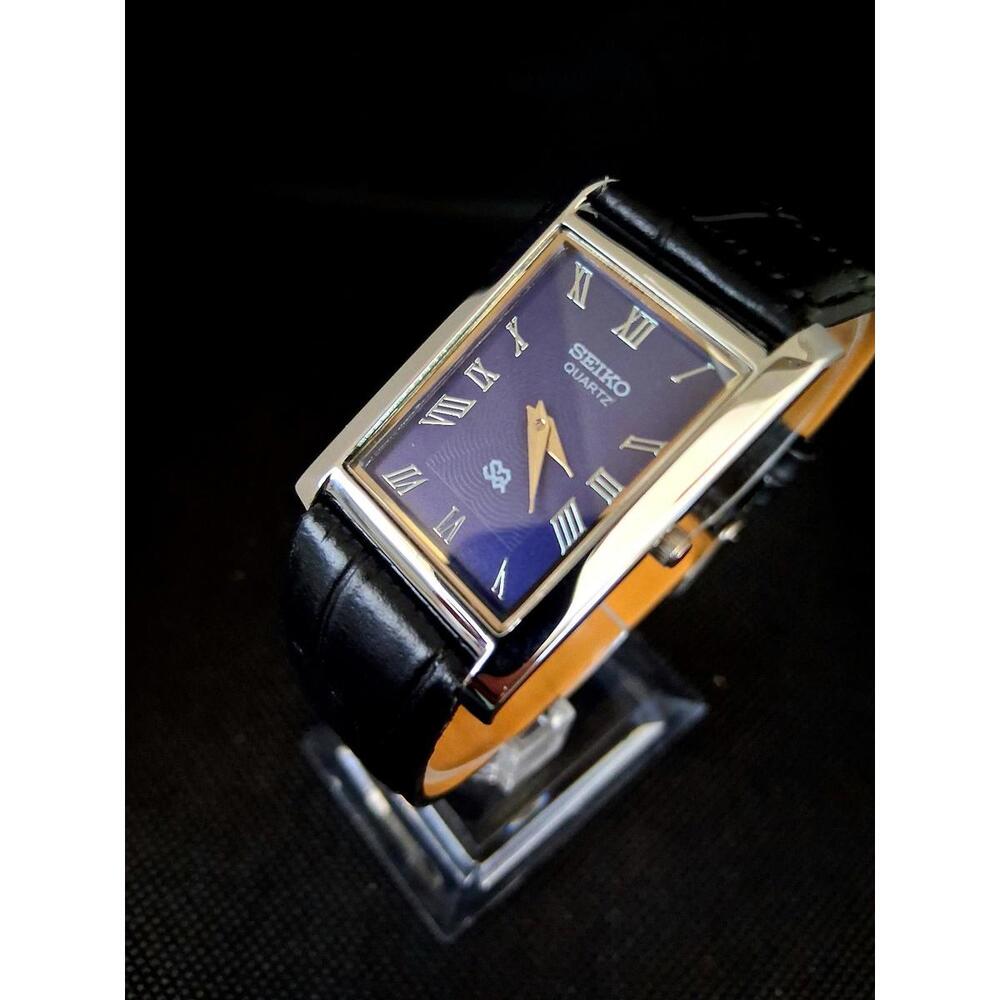 Men's Vintage Seiko Blue and Silver Tank Leather Watch RARE